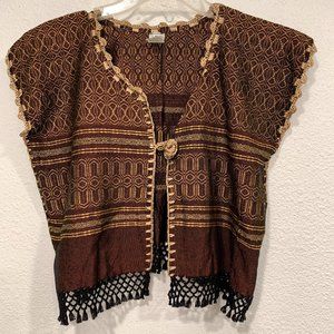 Boho Cotton Vest Cropped Embroidered Fringed Womens Med Maroon Brown Gold Black